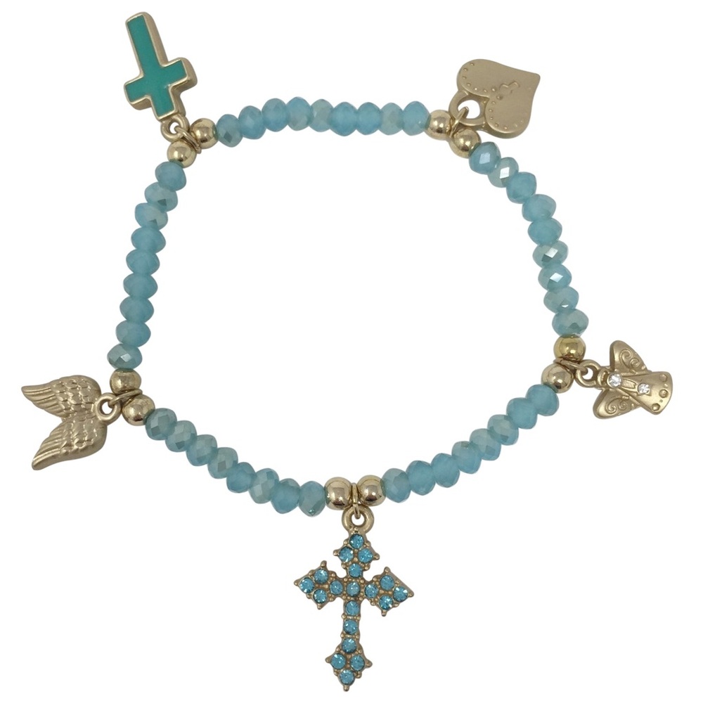 Christian Cross & Angel Wing Charm Blue Glass Bead Stretch Bracelet